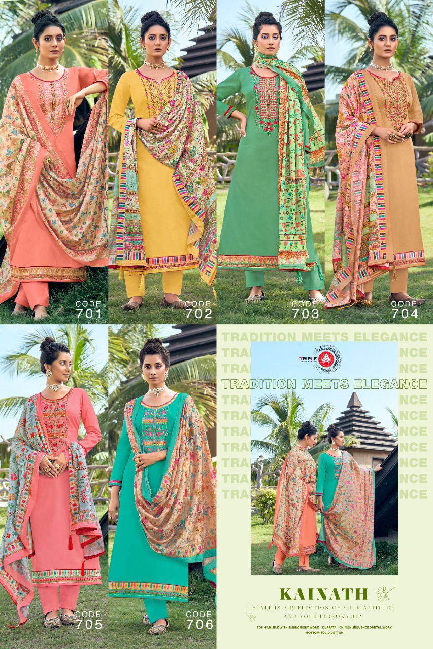 Kainath Latest Digital Jam Silk with Embroidery Work Designer Dress Material Collection.